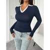 Womens Color Block V Neck Polo Shirts Bodycon Long Sleeve Tops Business Casual Collared Work Top Slim Fitted Stretchy Basic Shirts - 4 of 4