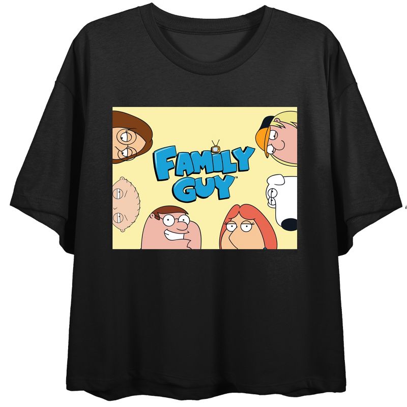 Family Guy Griffin Family Box Art Crew Neck Short Sleeve Black Women's Crop Top, 1 of 3