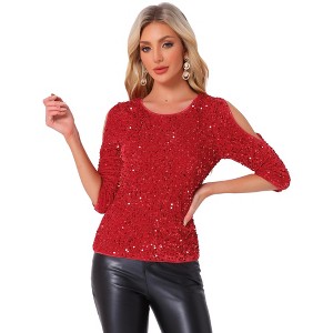 INSPIRE CHIC Women's Sparkle Sequin Cut Out Half Sleeve Party Club Velvet Blouse - 1 of 4
