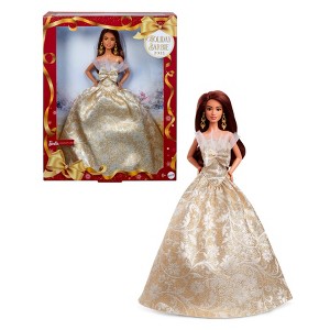 Barbie Signature 2025 Holiday Barbie Fashion Doll, Seasonal Collector, Dark Brown Hair with Silver & Gold Gown - 1 of 4