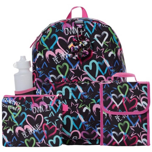 CLUB LIBBY LU Heart Love Backpack Set for Girls 16 inch 6 Pieces Includes Foldable Lunch Bag Water Bottle Scrunchie Pencil Case Black