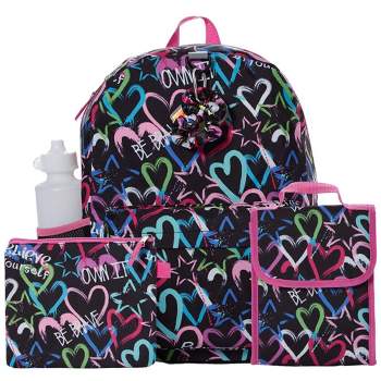 CLUB LIBBY LU Heart Love Backpack Set for Girls, 16 inch, 6 Pieces - Includes Foldable Lunch Bag, Water Bottle, Scrunchie, & Pencil Case - Black