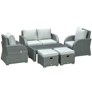 Outsunny 6-PCs Patio Furniture Sets Outdoor Wicker Sofa Set Rattan Recline Single Chair Conversation Set, Ottomans, Table Cushions, Gray - 1 of 4