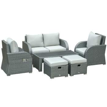Outsunny 6-PCs Patio Furniture Sets Outdoor Wicker Sofa Set Rattan Recline Single Chair Conversation Set, Ottomans, Table Cushions, Gray