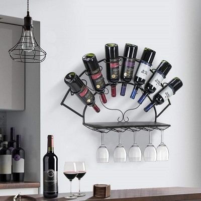 Black Metal Wall Mounted Wine Rack with Glass Holder