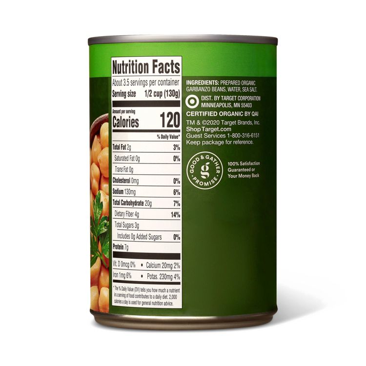 A can of garbanzo beans with a green label showing nutrition facts and ingredients, including prepared organic garbanzo beans, water, and sea salt.
