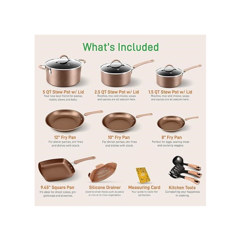 NutriChef NCCW14S 14-Piece Kitchenware Pots and Pans Set - Brown, 2 of 7