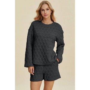 I am a Fashion junky Double Take Full Size Texture Round Neck Long Sleeve Top and Shorts Set - 1 of 4
