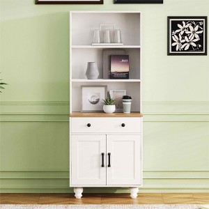 MAYEERTY White Farmhouse Storage Cabinet 4 Solid Wood Gourd Legs 5 Tier Adjustable Shelves Drawer - 1 of 4