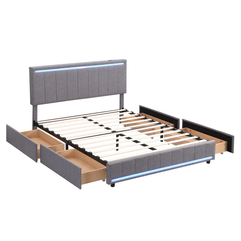 Queen/Full Size Linen Upholstered Bed with LED Light and 4 Drawers, Modern Platform Bed with a set of Sockets and USB Ports - ModernLuxe, 4 of 12