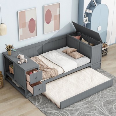 NicBex Twin Size Daybed 110" L Modern Wooden Bed Frame with Trundle, Storage Space and Ports for Bedroom, Living Room, No Box Spring Required