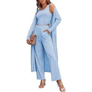 Ekouaer Women's 3 Piece Lounge Set Pajama Long Sleeve Cardigan Sleeveless Top Pants Sweatsuit - 1 of 4