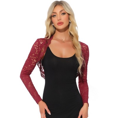 Allegra K Women's Floral Lace Ruffle Long Sleeve Open Front Cropped Cardigan