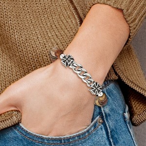 Chisel Stainless Steel Antiqued and Polished Cross 8mm Natural Turquoise Beaded Stretch Bracelet - 1 of 4