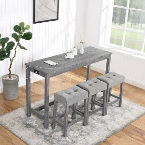 Solid Wood+Mdf Bar Table With Power Outlet, Bar Table And Chair Set, 4-Piece Dining Table Set, Industrial Breakfast Table Set For Living Room - 1 of 4
