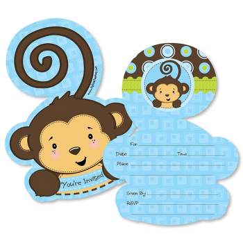 Big Dot of Happiness Blue Monkey Boy - Shaped Fill-in Invitations - Baby Shower or Birthday Party Invitation Cards with Envelopes - Set of 12