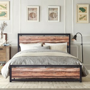 VECELO Twin/Full/Queen/King Size Bed Frame with Wooden Headboard, Metal Bed Platform No Box Spring Needed with Heavy Duty Steel Slat, Brown - 1 of 4