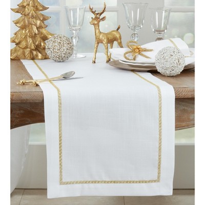 Gold Embroidered Border White Polyester Table Runner