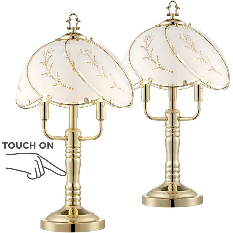 Regency Hill Flower 19 1/2" High Small Traditional Accent Table Lamps Set of 2 Touch On-Off 3-Light Gold Brass Finish Living Room Bedroom Bedside, 1 of 9