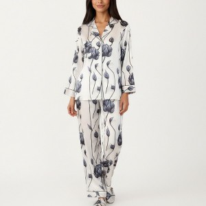 Anna-Kaci Lounge Women's 2-Piece Set Floral Satin Button Front Pajama Top with Contrast Piping and Elastic Waist Pants - 1 of 4