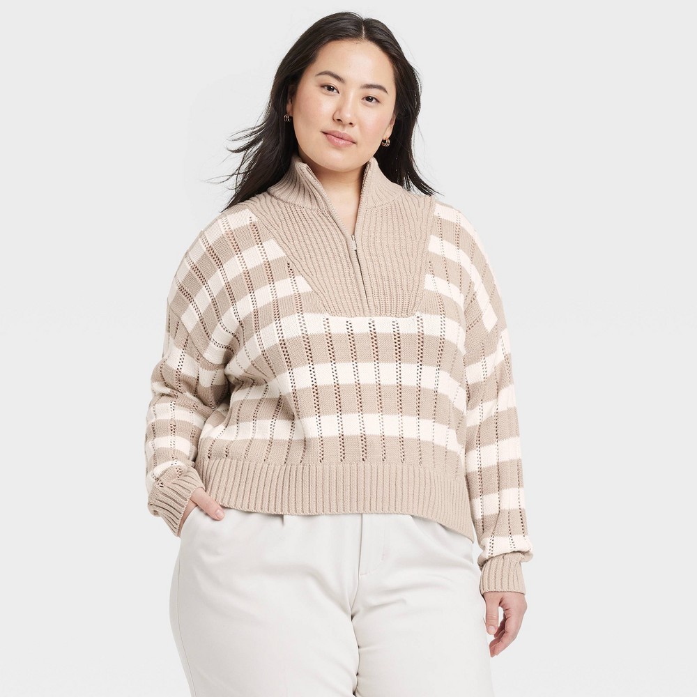 Women's Mock Turtleneck Quarter Zip Pullover Sweater - A New Day™ Beige/Cream Striped XXL