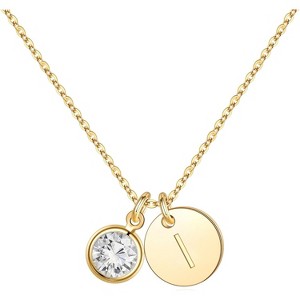 Personalized Birthstone Necklace 14K Gold Plated Initial Disc Jewelry Gift - 1 of 4