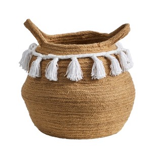 Nearly Natural 11-in Boho Chic Handmade Natural Cotton Woven Basket Planter with Tassels - 1 of 2