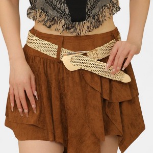 Anna-Kaci Women's Woven Belt with Oversized Buckle and Textured Weave Design 41.5x1.5in - Gold - 1 of 4