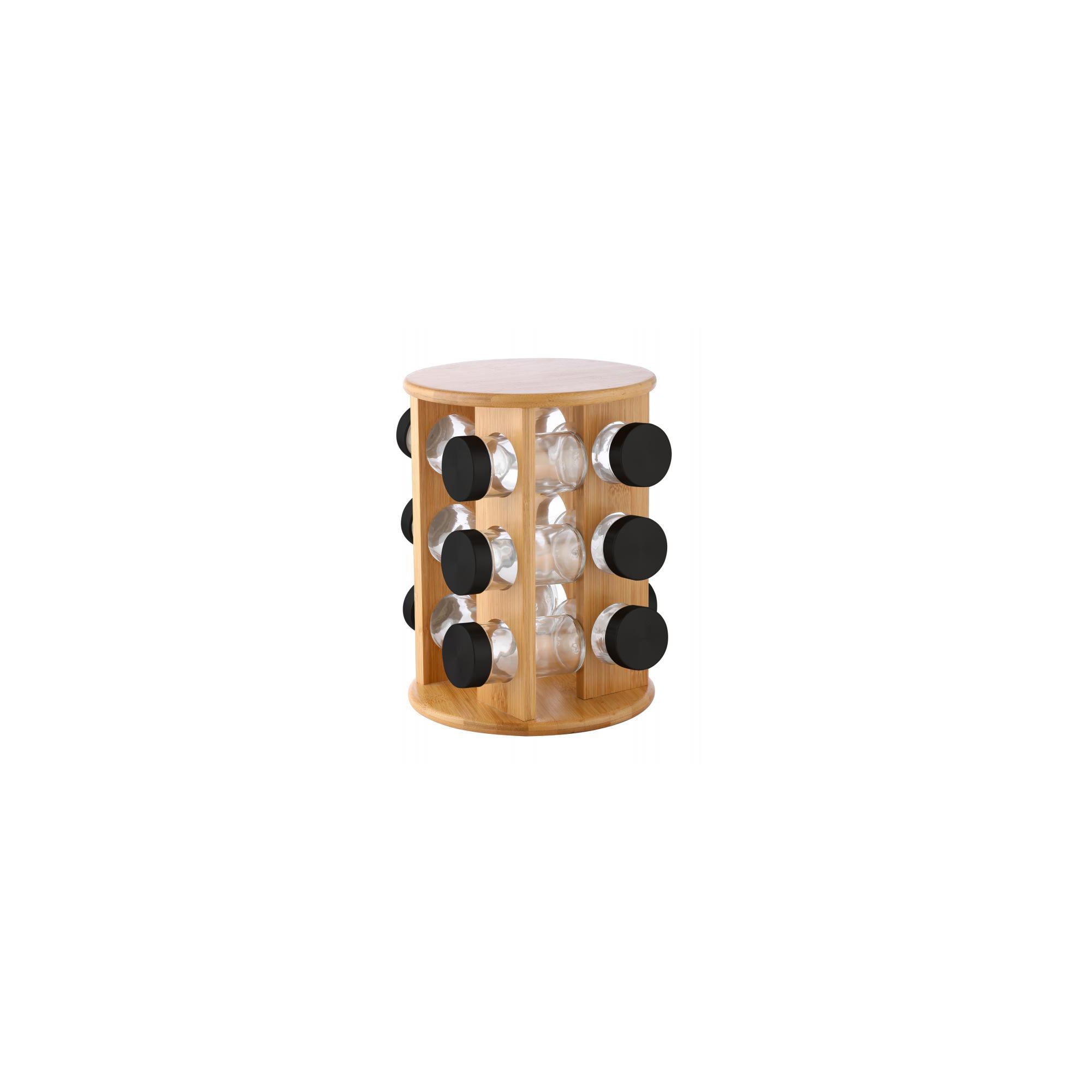 Glass Spice Jar Set with Rotating Bamboo Rack – 12 Pc Spice Container with Airtight Black Lid for Herbs & Seasoning, Space-Saving Countertop Organizer