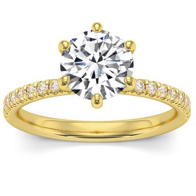 Pompeii3 2Ct Round Cut Moissanite & Diamond Ring in 14k Gold With Side Halo