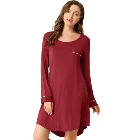  Women Plus Size Nightgown Long Sleepshirts Long Sleeve  Sleepwear Full Length Henley Sleep Dress Red 3XL