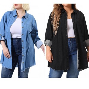 Women's Plus Size 2 Piece Denim Chambray Lapel Long Sleeve Chest Pocket Casual Button Down Jackets - Agnes Orinda - 1 of 4