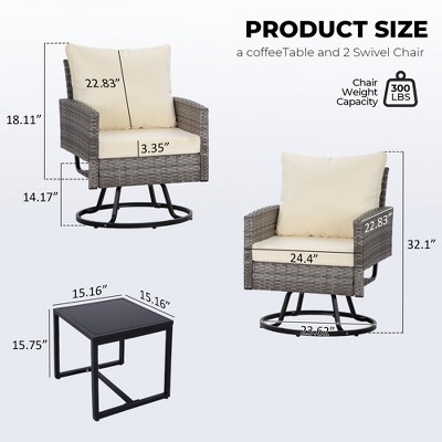 3-Piece Wicker Patio Furniture Set, Rattan Swivel Chairs with Coffee Table, Outdoor Seating for Porch, Balcony, or Garden –Wicker with Cushions