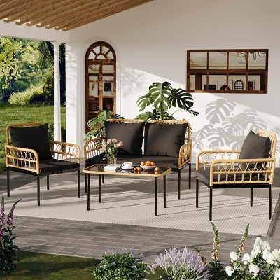 4 Pieces Outdoor Wicker Patio Conversation Bistro Set