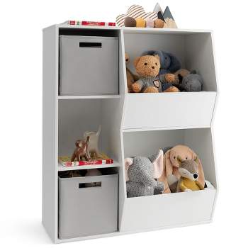 Tangkula Kids Toy Storage Organizer 5 Cubbies Wooden Bookshelf Display Cabinet w/ Drawers