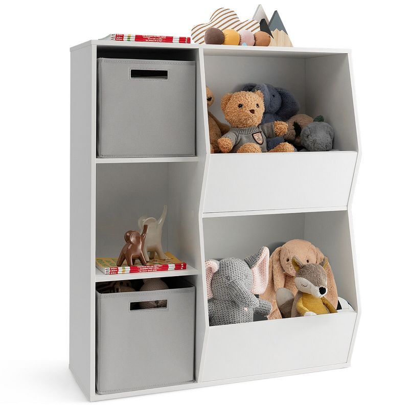 Tangkula Kids Toy Storage Organizer 5 Cubbies Wooden Bookshelf Display Cabinet w/ Drawers, 1 of 11