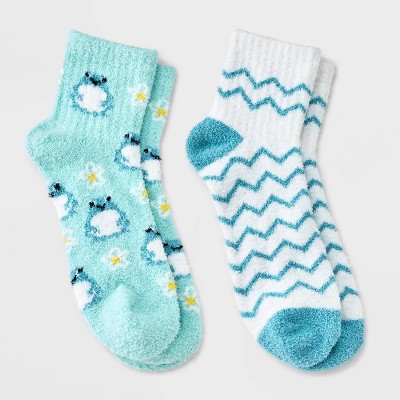 Women's Frogs 2pk Cozy Quarter Crew Socks - Aqua/Ivory 4-10: Midweight Velour Ribbed, Animal Pattern, Machine Washable