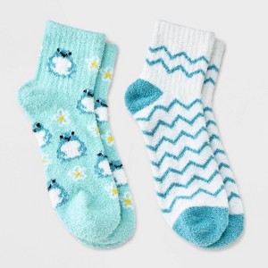 Women's Frogs 2pk Cozy Quarter Crew Socks - Aqua/Ivory 4-10: Midweight Velour Ribbed, Animal Pattern, Machine Washable - 1 of 3