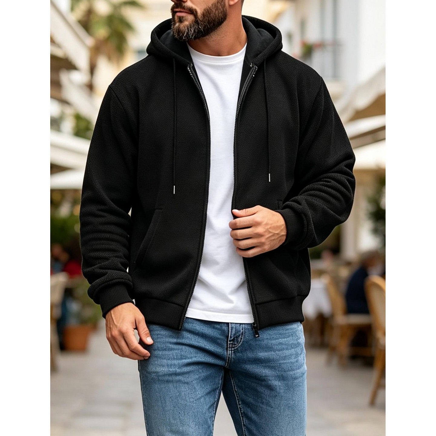Мужское пальто YesFashion Men Full Zip Hooded Sweatshirt Jacket Drawstring Outerwear Long Sleeve Casual Zip‑Up Coat, XL, Black, цвет: Чёрный — фото 3