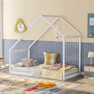 Full/Twin Size Wooden House Bed (with a Twin Size Trundle Bed), White/Gray/Natural, 4A -ModernLuxe