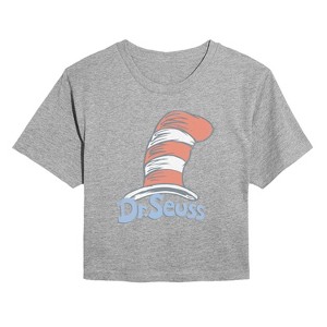 Women's Dr. Seuss The Cat in the Hat Logo Cropped Graphic T-Shirt - Heather Grey - X-Large - 1 of 4