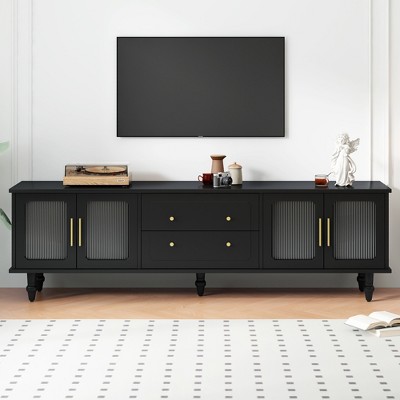 VYNXARIA Retro Design TV Stand with Fluted Glass Doors for TVs Up to 78in, Practical Media Console with 2 Drawers and Cabinets, Black