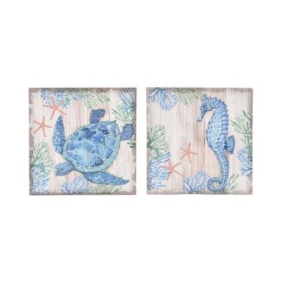 (Set of 2) 12" x 12" Turtle & Seahorse Unframed Wall Canvas Tan - Prinz