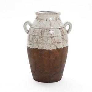 LuxenHome Rustic Cream and Brown Terracotta Urn with Handles 18.5-Inch Tall Vase Multicolored - 1 of 4