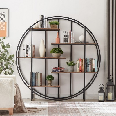 Wooden Industrial Storage Rack,5-Tier Open Shelves Bookshelf with Steel Frame,Vintage Display Cabinet for Living Room or Office–Cuddlewood