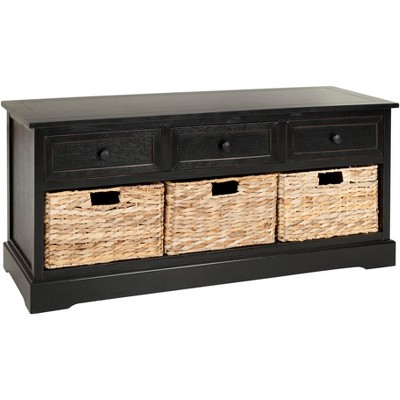 Transitional Gray Pine Wood Storage Bench with Wicker Baskets