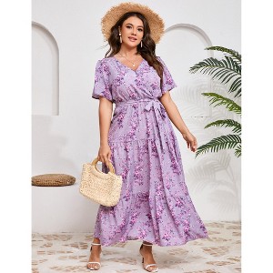 YESFASHION V Neck Wrap Maxi Dress for Women Plus Size High Waist Ruffle Casual Summer Dress with Belt - 1 of 4