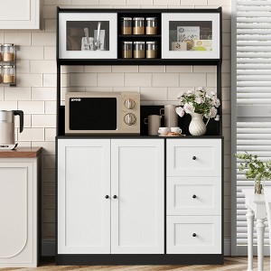 67" Tall Kitchen Hutch Storage Cabinet, Farmhosue Coffee Bar Cabinet with 3 Drawers and LED Lights, Freestanding Food Pantry Cabinet with Countertop - 1 of 4