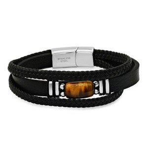 Men's braided layered leather, stainless steel and tiger eye accented bracelet. Color Option: Silver, Gold - 1 of 4