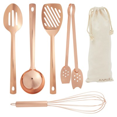 Juvale 5 Pieces Copper Kitchen Cooking Utensils Set, Rose Gold Cookware with Ladle, Whisk, Tongs, Slotted Spatula, Spoon